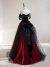 A-Line Off Shoulder Tulle Black/Burgundy Long Prom Dress