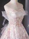 A-Line Tulle Lace Sequin Pink Long Prom Dress, Pink Long Evening Dress