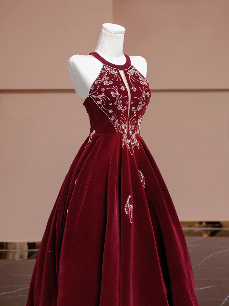 A-Line Velvet Beads Sequin Burgundy Long Prom Dress, Burgundy Long For shopluu A-Line Velvet Beads Sequin Burgundy Long Prom Dress, Burgundy Long For shopluu