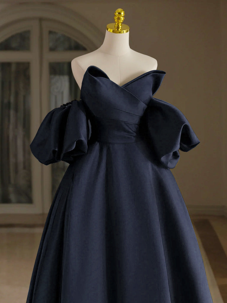 A-Line V Neck Satin Dark Blue Long Prom Dress, Dark Blue Long Formal Dress