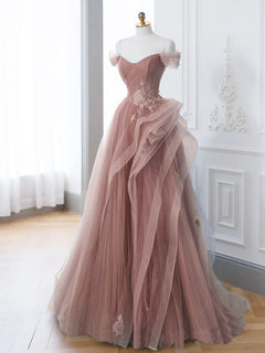 Pink A-Line Off Shoulder Long Prom Dress, Pink Lace Long Evening Dress
