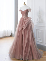 Pink A-Line Off Shoulder Long Prom Dress, Pink Lace Long Evening Dress