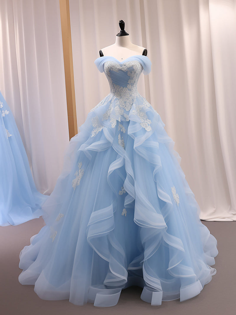 A-Line Sweetheart Neck Tulle Lace Blue Long Prom Dress, Blue Sweet 16 Dress