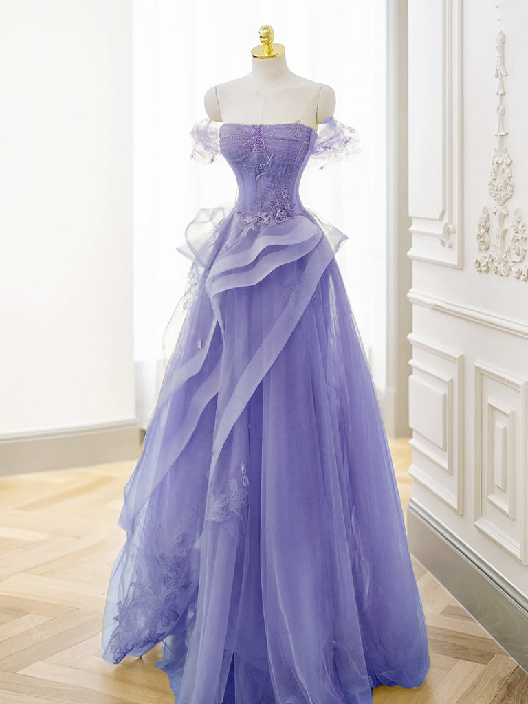 A-Line Off Shoulder Tulle Lace Purple Long Prom Dress, Purple Lace Lon ...