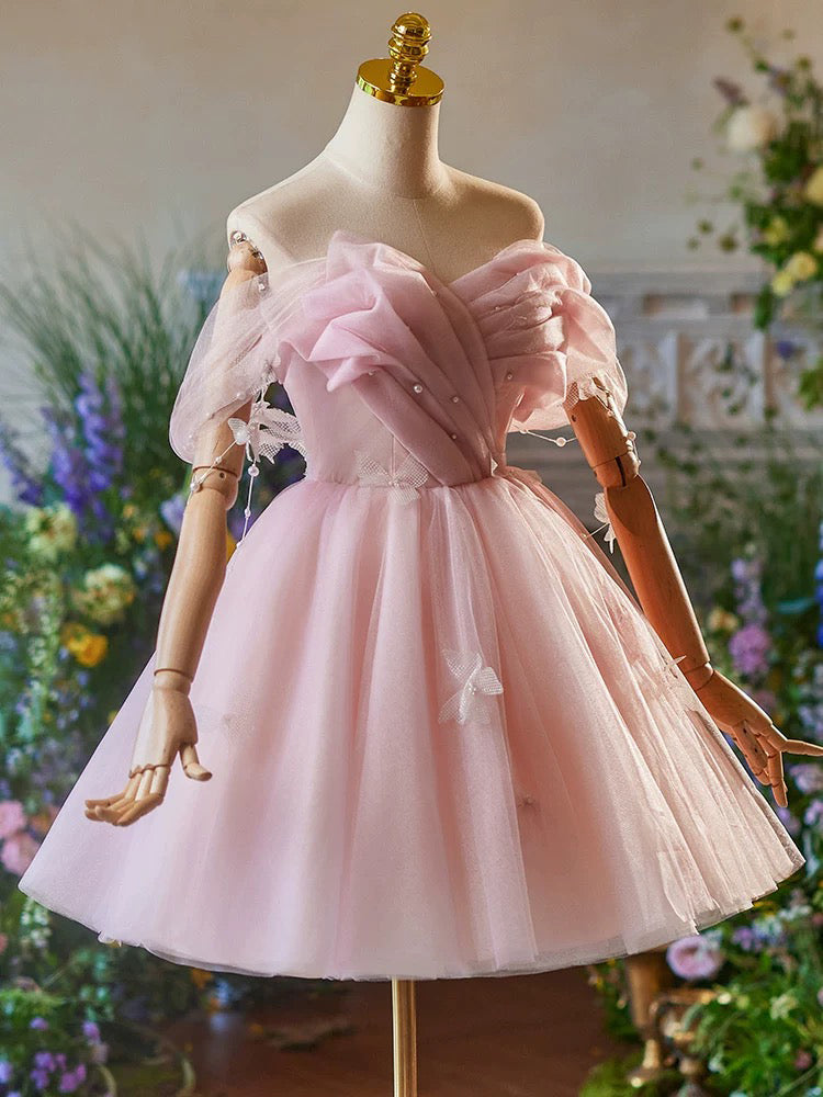 A-Line Off Shoulder Tulle Pink Short Prom Dress, Pink Homecoming Dress