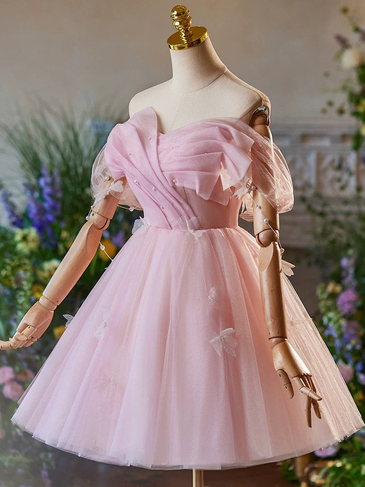 A-Line Off Shoulder Tulle Pink Short Prom Dress, Pink Homecoming Dress – shopluu