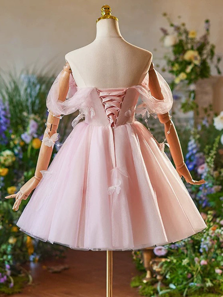 A-Line Off Shoulder Tulle Pink Short Prom Dress, Pink Homecoming Dress – shopluu