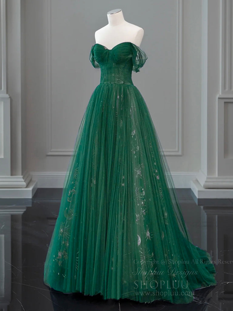 A-Line Off Shoulder Tulle Lace Green Long Prom Dress, Green Long Evening Dress