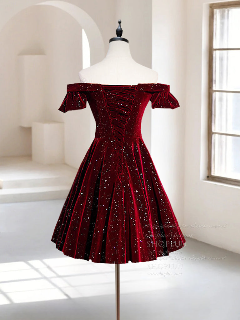 A-Line Off Shoulder Velvet Burgundy Short Prom Dress, Burgundy Homecom – shopluu