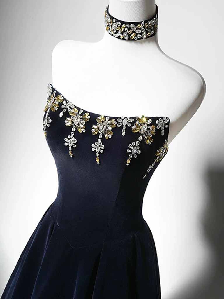 Simple A-Line Velvet Dark Blue Long Prom Dress with Beads – shopluu