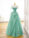 A-Line Off Shoulder Tulle Lace Mint Blue Long Prom Dress, Mint Blue Long Formal Dress