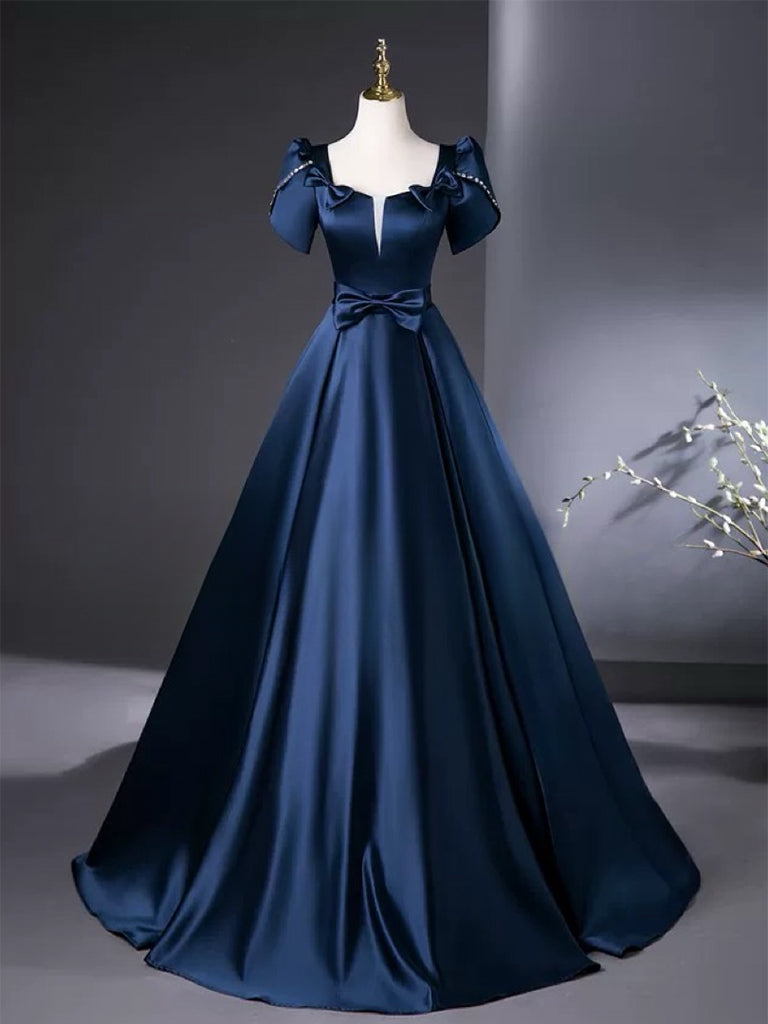 A-Line Satin Dark Blue Long Prom Dress, Dark Blue Long Formal Dress