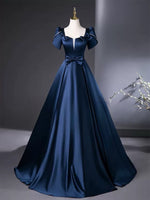 A-Line Satin Dark Blue Long Prom Dress, Dark Blue Long Formal Dress