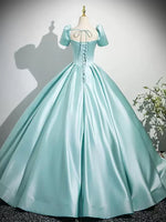 A-Line Puff Sleeves Satin Mint Blue Long Prom Dress, Mint Blue Long Formal Dress