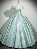 A-Line Off Shoulder Satin Mint Green Long Prom Dress, Mint Green Long Formal Dress