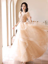 A-Line Champagne Tulle Lace Long Prom Dress, Champagne Long Formal Dress