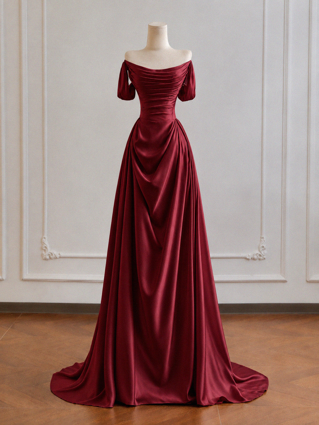 A-line Spoon Neck Off Shoulder Burgundy Long Prom Dress