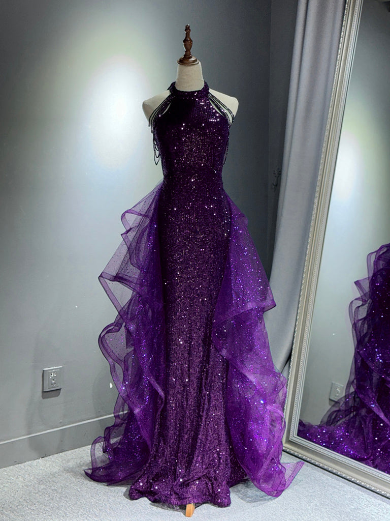 A-Line Tulle Sequin Dark Blue Long Prom Dress, Dark Blue Long