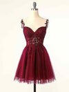 Burgundy A-Line Tulle Lace Short Prom Dress, Cute Burgundy Homecoming Dress