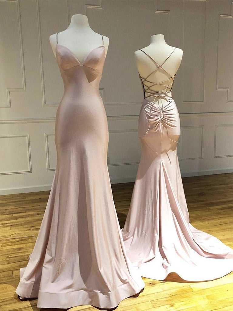 Simple V Neck Satin Pink Long Prom Dress, Pink Satin Long Formal Dress