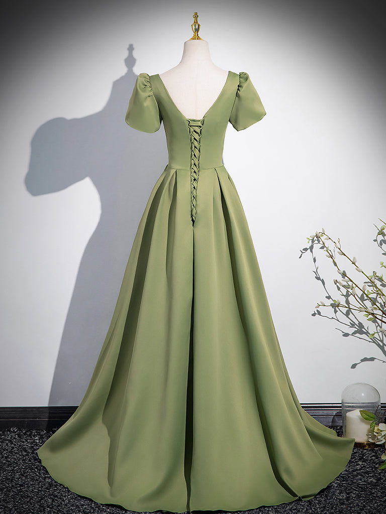 A-Line Short Sleeve Satin Green Long Prom Dress, Green Long Formal Dress