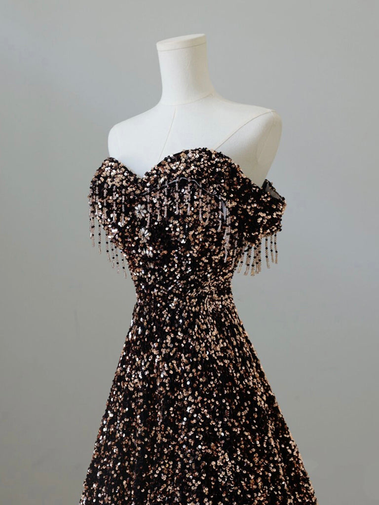 Off Shoulder A-Line Coffee Gold Sequin Long Prom Dress, Coffee Gold Evening Dress US 16 / Coffee Gold Off Shoulder A-Line Coffee Gold Sequin Long Prom Dress, Coffee Gold Evening Dress US 16 / Coffee Gold