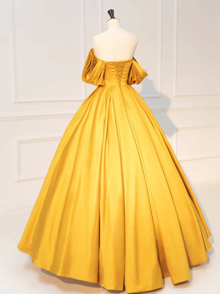 A-Line Off Shoulder Yellow Long Prom Dress, Yellow Satin Long Evening Dress US 10 / Yellow