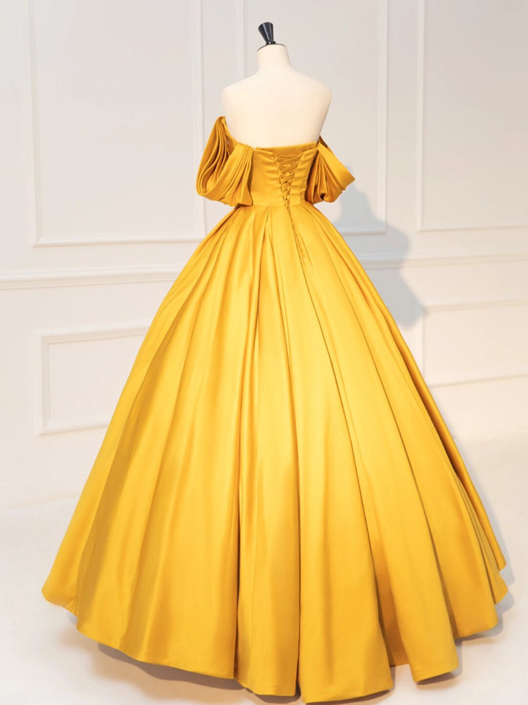 A-Line Off Shoulder Yellow Long Prom Dress, Yellow Satin Long Evening Dress