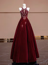 A-Line Velvet Beads Sequin Burgundy Long Prom Dress, Burgundy Long Formal Dress