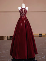 A-Line Velvet Beads Sequin Burgundy Long Prom Dress, Burgundy Long Formal Dress