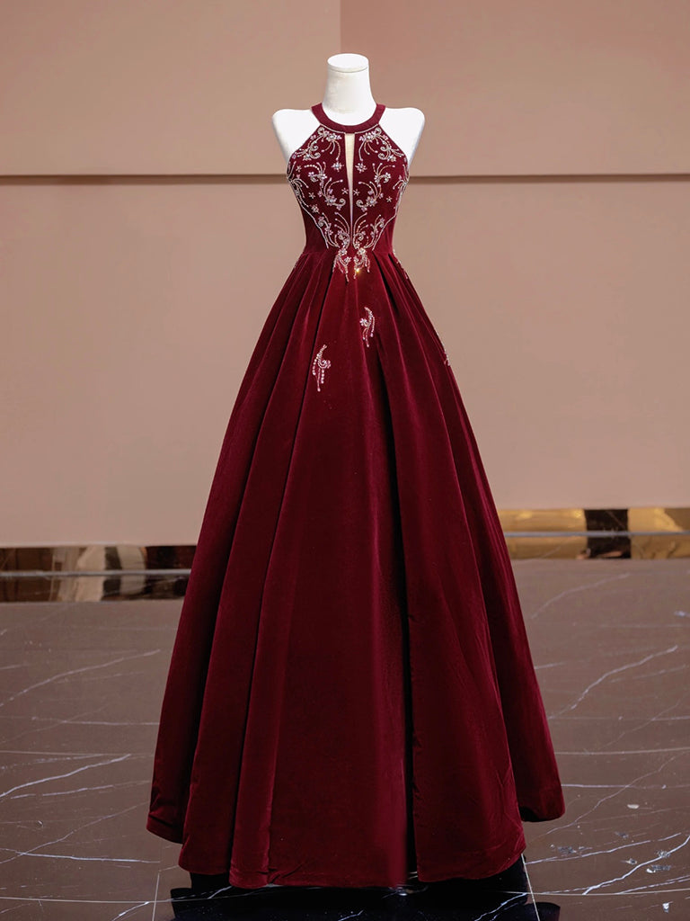 A-Line Velvet Beads Sequin Burgundy Long Prom Dress, Burgundy Long Formal Dress