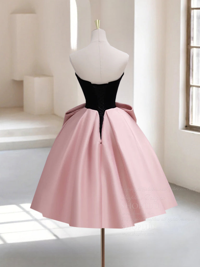 A-Line Sweetheart Neck Satin Black/Pink Short Prom Dress, Cute Homecoming Dress