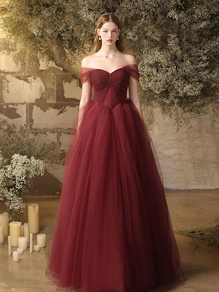 Burgundy Sweetheart Neck Tulle Long Prom Dress, Burgundy Long Formal Dress