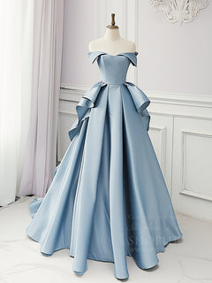 A-Line Off Shoulder Satin Blue Long Prom Dress, Blue Satin Long Formal Dress
