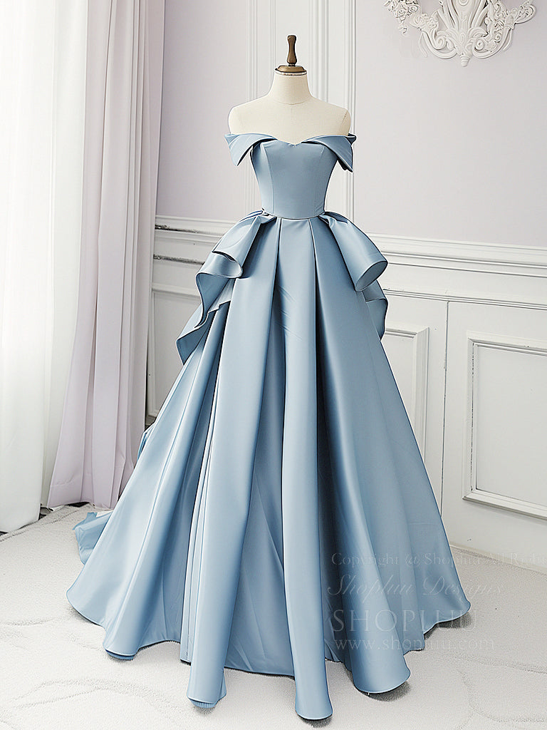 Simple A-Line Satin Blue Long Prom Dress, Blue Satin Long Formal Dress