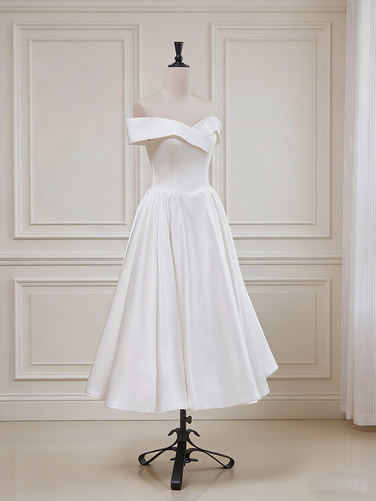White A-Line Off Shoulder Satin Short Prom Dress