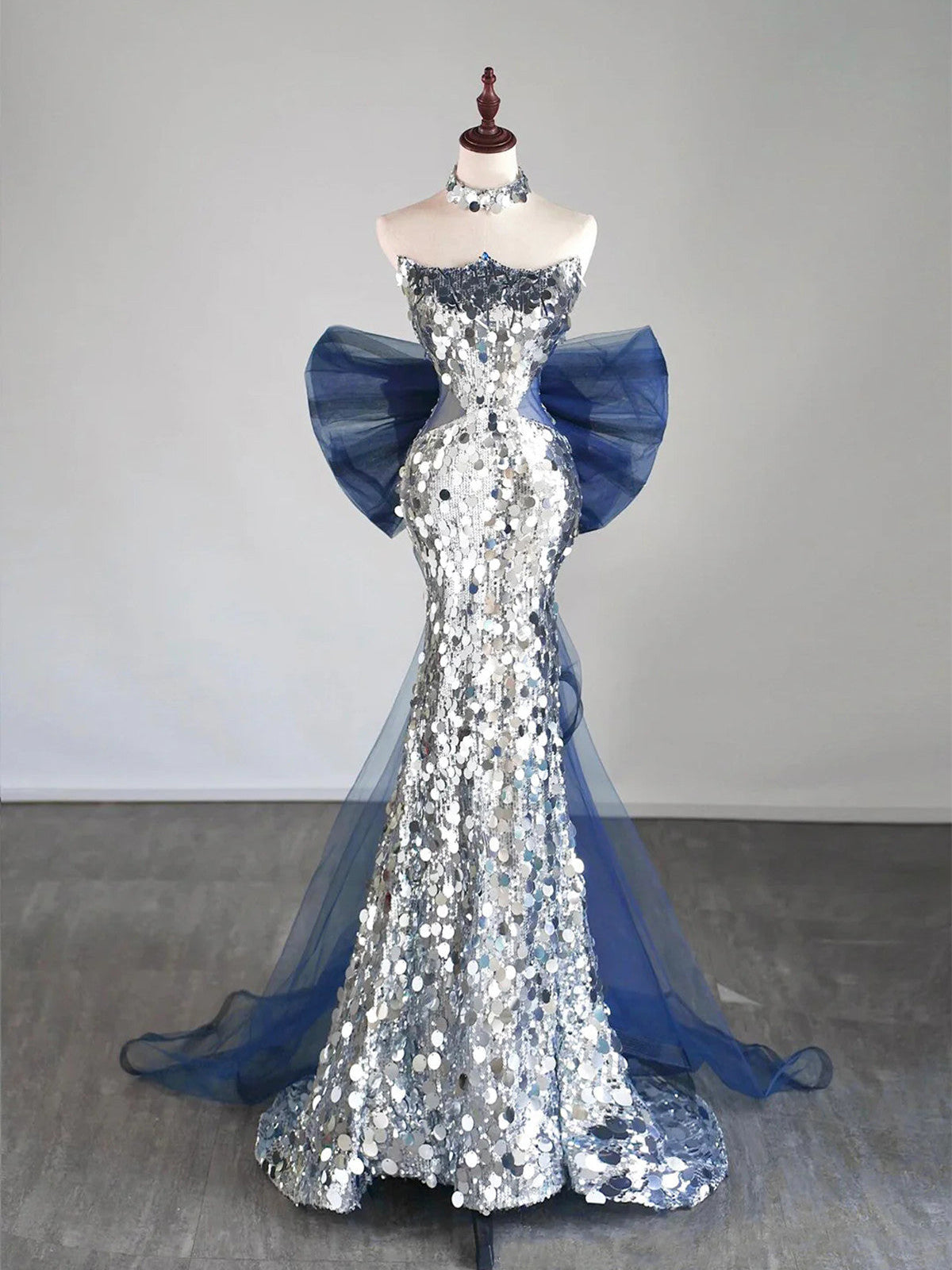 Simple Mermaid Tulle Sequin Blue/Silver Long Prom Dress, Blue/Silver L – shopluu