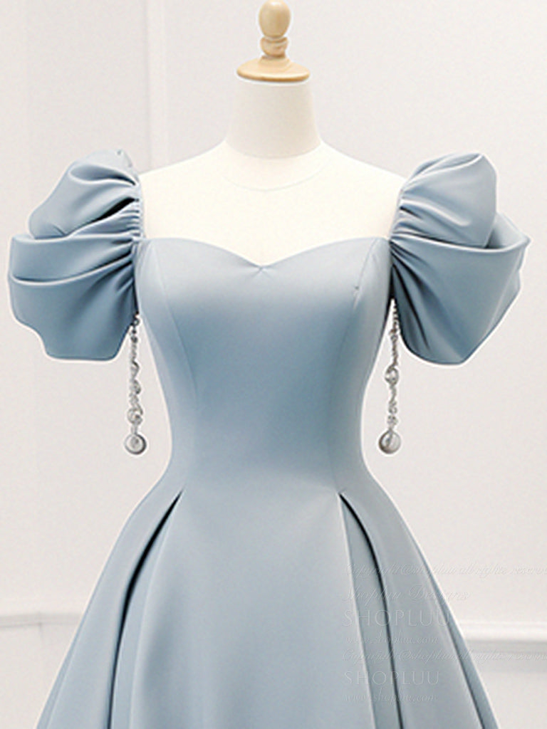 A-Line Puff Sleeves Satin Blue Long Prom Dress, Blue Long Formal Dress – shopluu