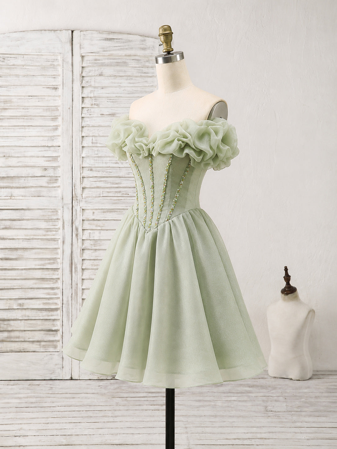 A-line Off Shoulder Short Green Prom Dress, Cute Homecoming Dress with Beads