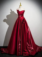 A-Line Off Shoulder Satin Burgundy Long Prom Dress, Burgundy Long Formal Dress