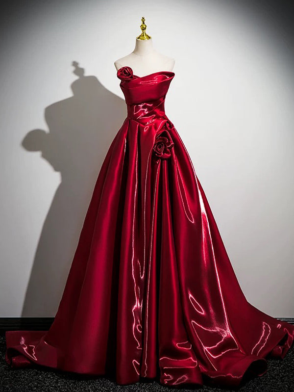 A-Line Off Shoulder Satin Burgundy Long Prom Dress, Burgundy Long Formal Dress