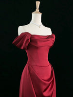 A-Line Off Shoulder Satin Burgundy Long Prom Dress, Burgundy Long Formal Dress