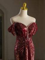 Simple Off Shoulder Sequin Burgundy Long Prom Dress, Burgundy Long Evening Dress