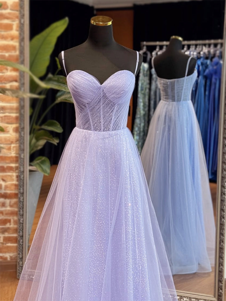 A-Line Sweetheart Neck Tulle Long Blue Prom Dress, Blue Long Formal Dress