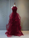 A-Line Tulle Sequin BurgundyLong Prom Dress, Burgundy Long Formal Dress