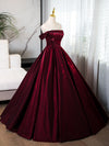 A-Line off Shoulder Satin Burgundy Long Prom Dress, Burgundy Evening Dress with Beads