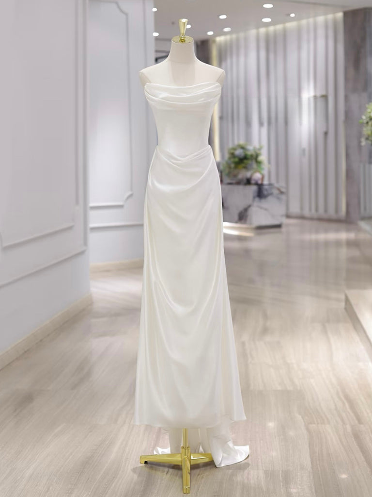 Simple A-line Satin Court Train White Long Prom Dresses