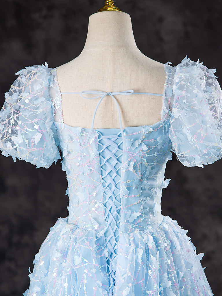 A-Line Puff Sleeves Tulle Lace Blue Short Prom Dress, Blue Homecoming Dress US 4 / Blue A-Line Puff Sleeves Tulle Lace Blue Short Prom Dress, Blue Homecoming Dress US 4 / Blue