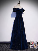 A-Line Off Shoulder Velvet Dark Blue Long Prom Dress, Dark Blue Long Formal Dress