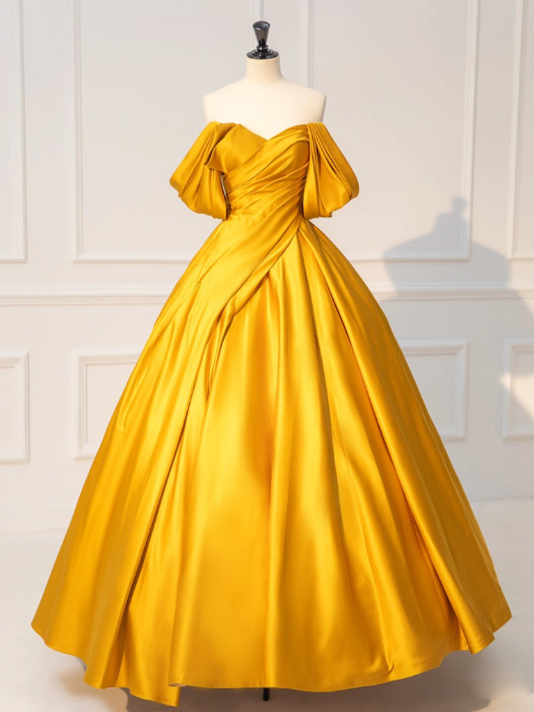 A-Line Sweetheart Neck Satin Yellow Long Prom Dress, Yellow Long Forma – shopluu